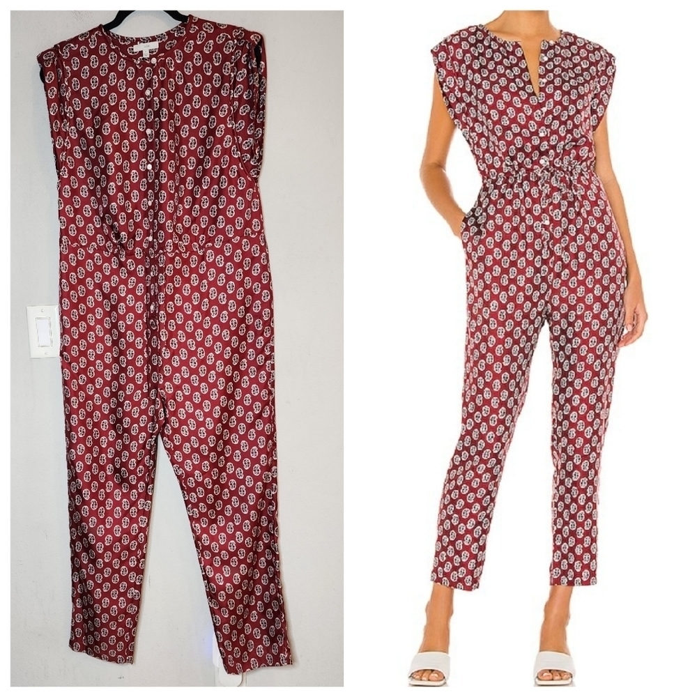 JOIE 100% Silk Noleen Jumpsuit Red Paisley Rhubarb Pockets Women's Size Small